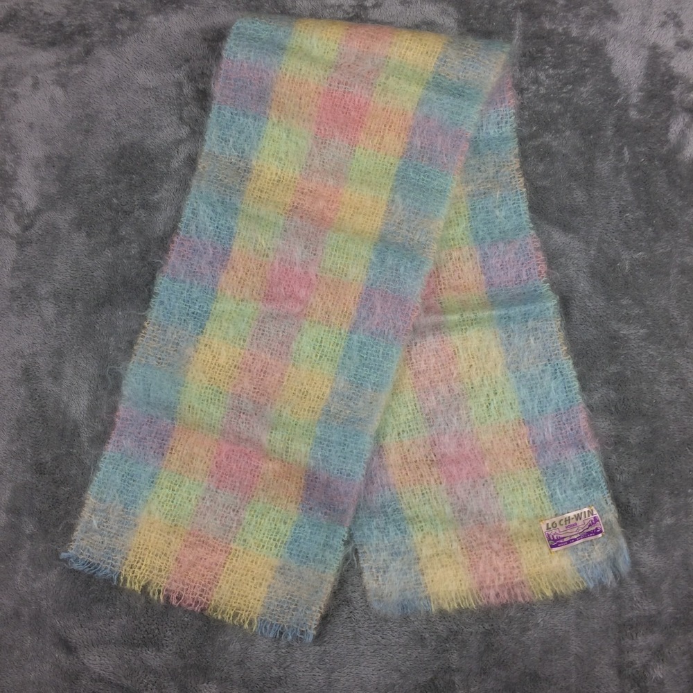 Vintage Loch Win Mohair Scarf Plaid Pastels Made Scotland Rectangle 39in x 8.5in